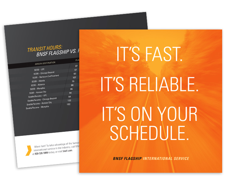 <h4>BNSF operates one of the largest railroad networks in North America. This brochure advertises speedy shipments from U.S. ports to destinations across the country.</h4>
