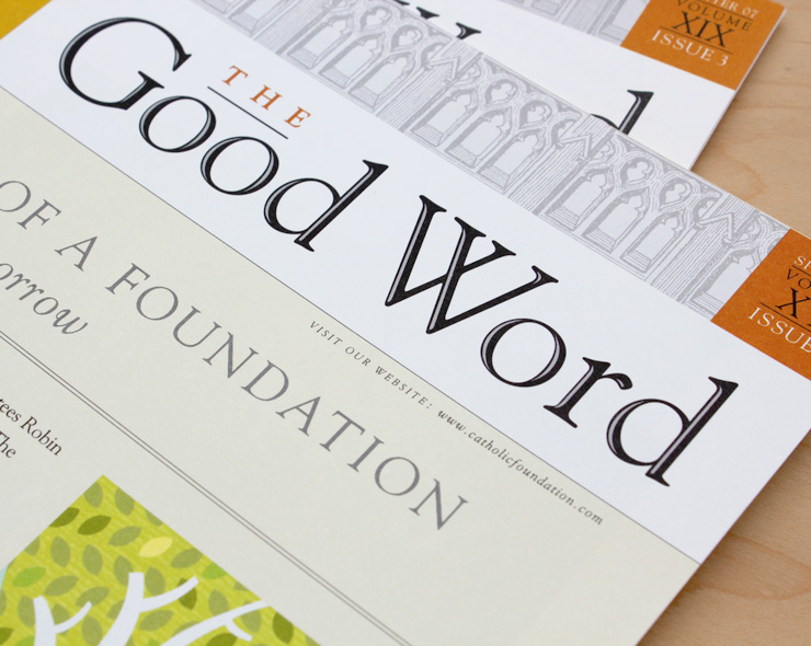 <h4>The masthead for The Catholic Foundation's quarterly newsletter takes a similar approach, trading the engraved columns found in financial imagery for lancet windows.</h4>