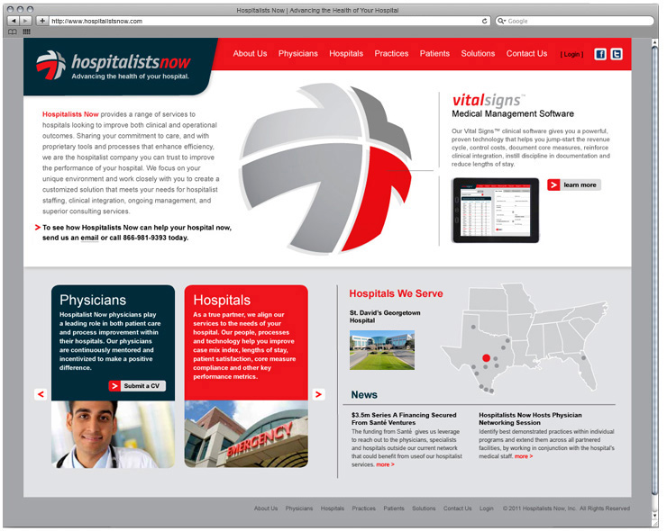 <h4>The Hospitalists Now website. Hovering over the quandrants of their logo reveals information about HN's four main services.</h4>