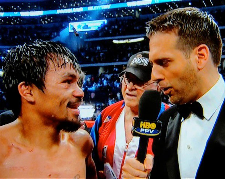 <h4>Manny Pacquiao's cutman Miguel Diaz wears a MABG cap ringside throughout a fight broadcast on HBO.</h4>