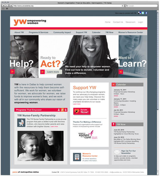 <h4>The website for YW's Dallas chapter addresses target audiences with bold questions that slide into prominence when hovered over.</h4>