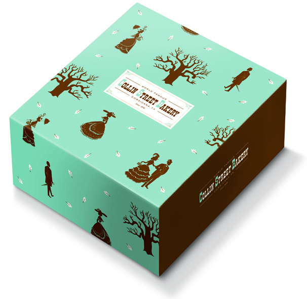 <h4>Seasonal packaging for a fruitcake bakery. Collin Street's standard box features Victorian engravings. Updated figures were drawn taking a stroll for the fall.</h4>