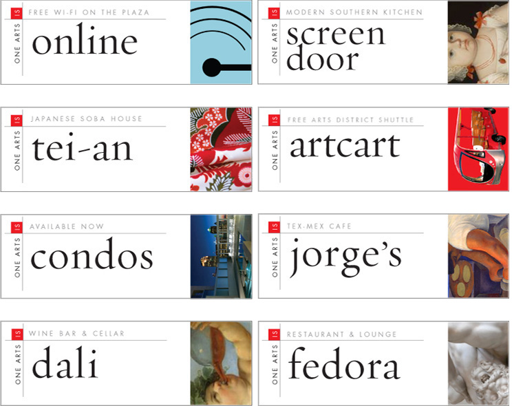 <h4>An alternate set of banners acknowledges the neighboring museums with images from art history representing each restaurant. Remaining banners advertise the building's amenities.</h4>