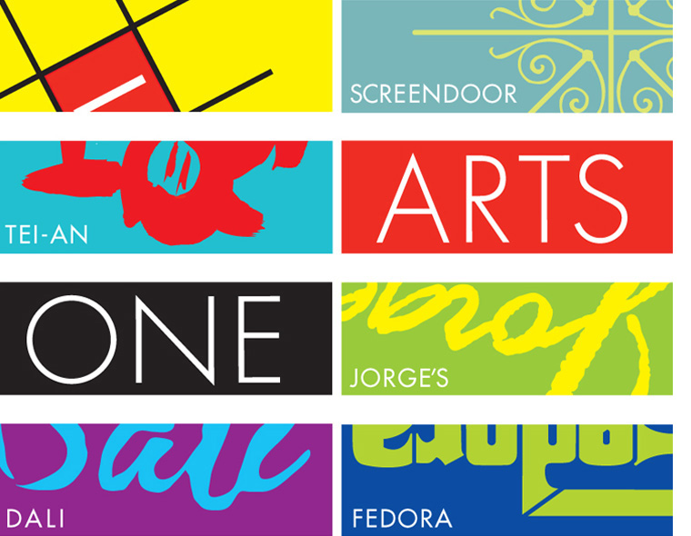 <h4>The selected banners abstract the logos of One Arts Plaza and its restaurants, cropping them in vibrant colors.</h4>