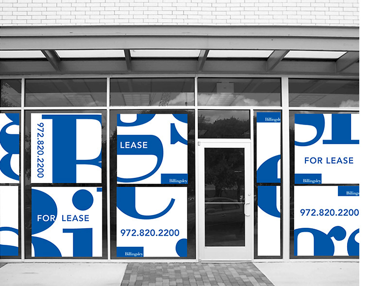 <h4>Modular “For Lease” signs designed to accomodate various window configurations. In combination the signs create a decorative pattern that reinforces Billingley's brand while concealing the often neglected spaces inside.</4>