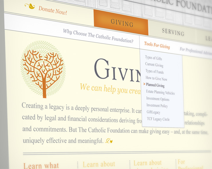<h4>The website extends the look of the brand. Content is grouped by the foundation's main constituencies, represented by large icons on the homepage.</h4>
