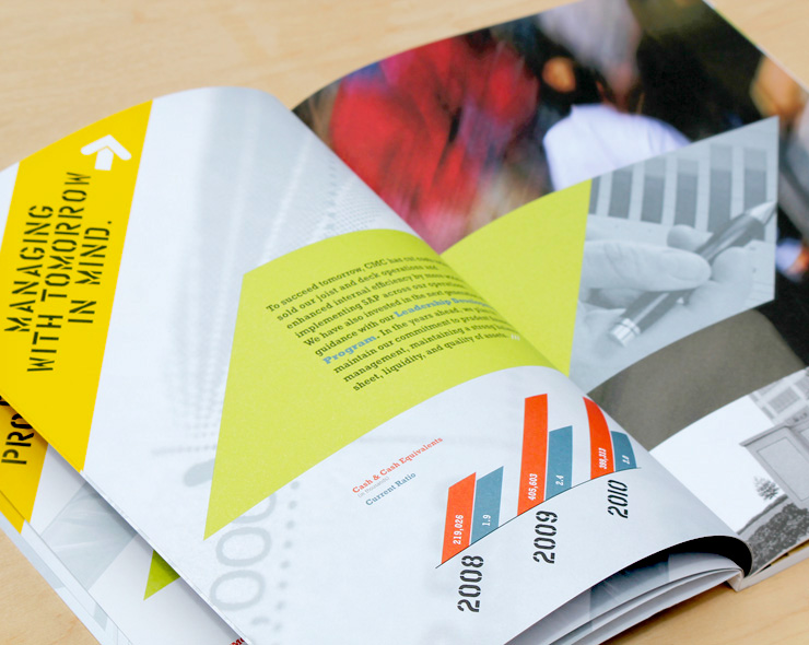 <h4>2010 Annual Report<p>The dynamic upward movement of the layout reflects the theme of the book, “Ready for Recovery”.</h4>
