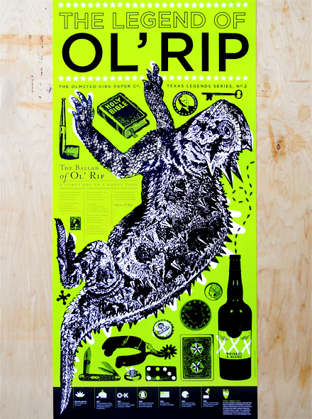 <h4>Rather than a famous Texan, a famed horny toad was selected for the second poster in OK Paper Company's Texas Legends series. Ol' Rip purportedly survived a 25-year burial in a time capsule in the Eastland County Courthouse. After being unearthed he went on to tour the country and is said to be the inspiration for the Looney Tunes singing frog.