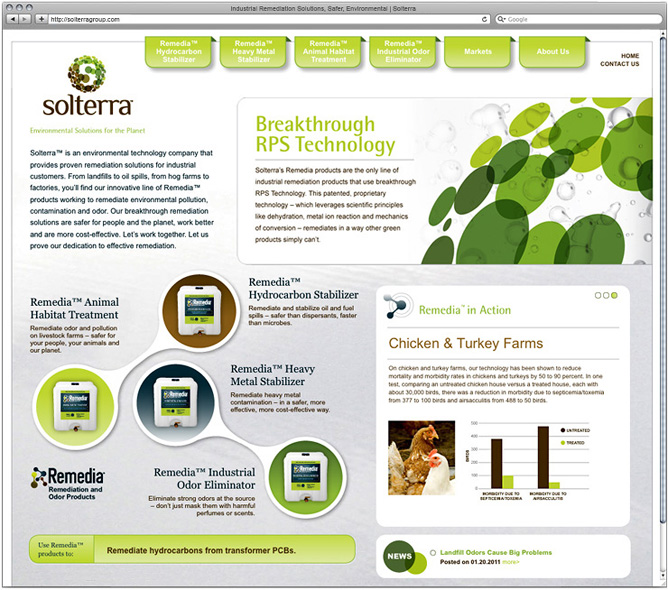 <h4>Website for a company providing environmentally friendly products that remediate contamination and odor from oil spills, landfills and animal habitats.</h4>
