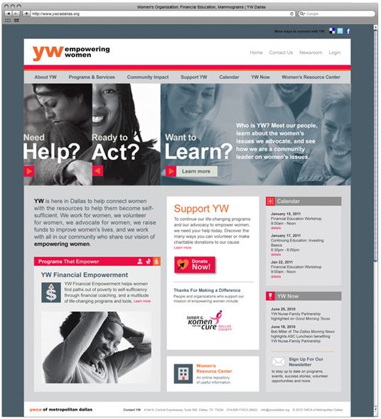 <h4>The website for YW's Dallas chapter addresses target audiences with bold questions that slide into prominence when hovered over.</h4>
